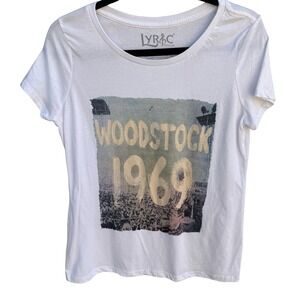 Lyric Culture Woodstock 1969 White Graphic T-Shirt XS Music Festival USA Made